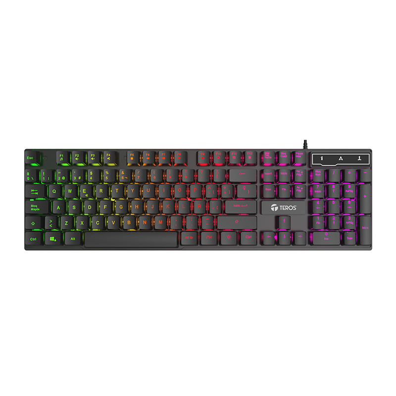 Teclado gamer TEROS TE-4072G negro con retroiluminación Rainbow RGB